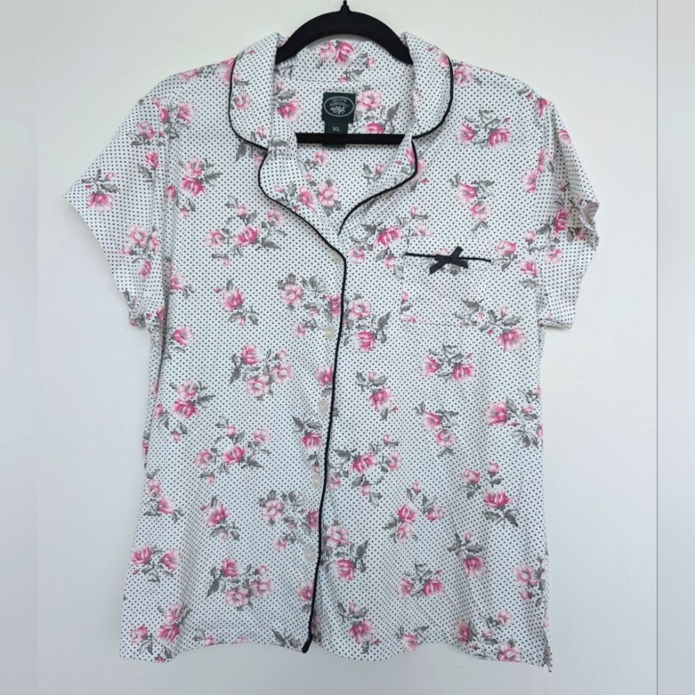 Laura Ashley Polka Dot Floral Bow Detail Pajama Top Sz XL